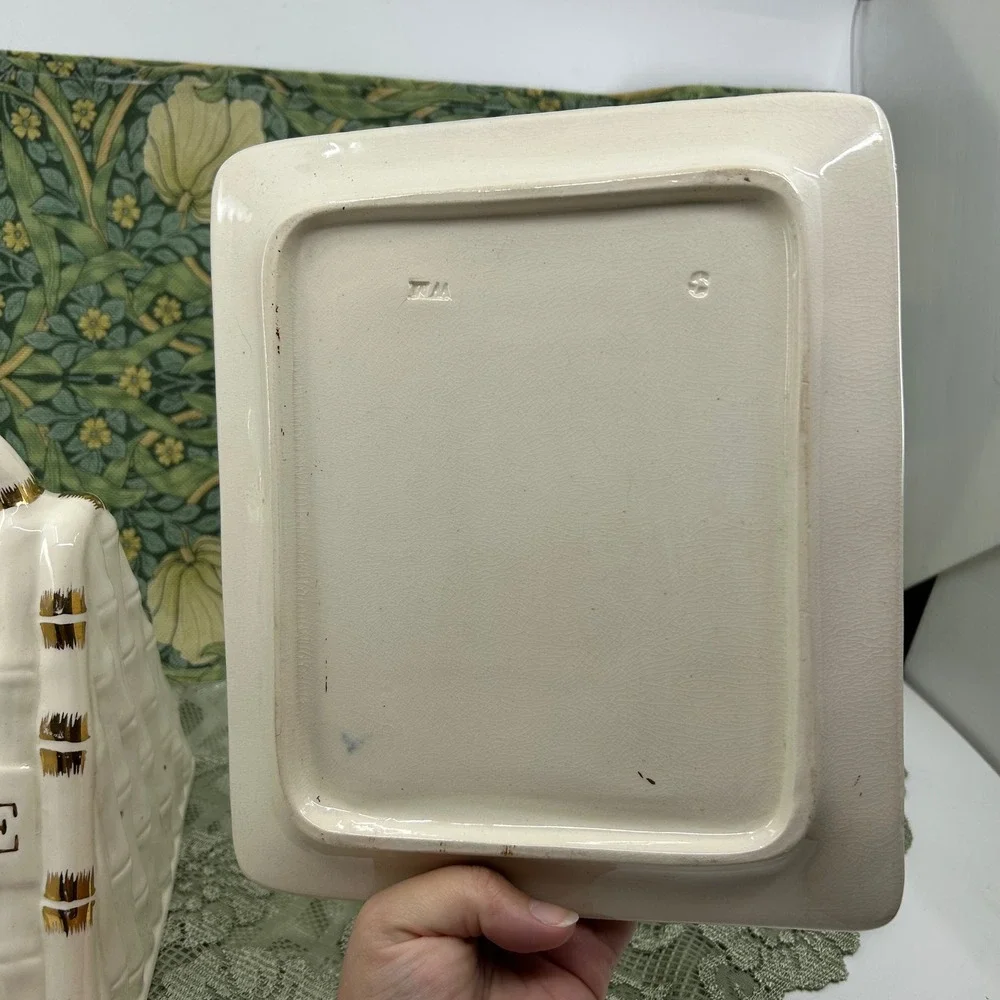 Vintage Cheese Keeper Block Triangle Ceramic Covered Vented Dish Gold White